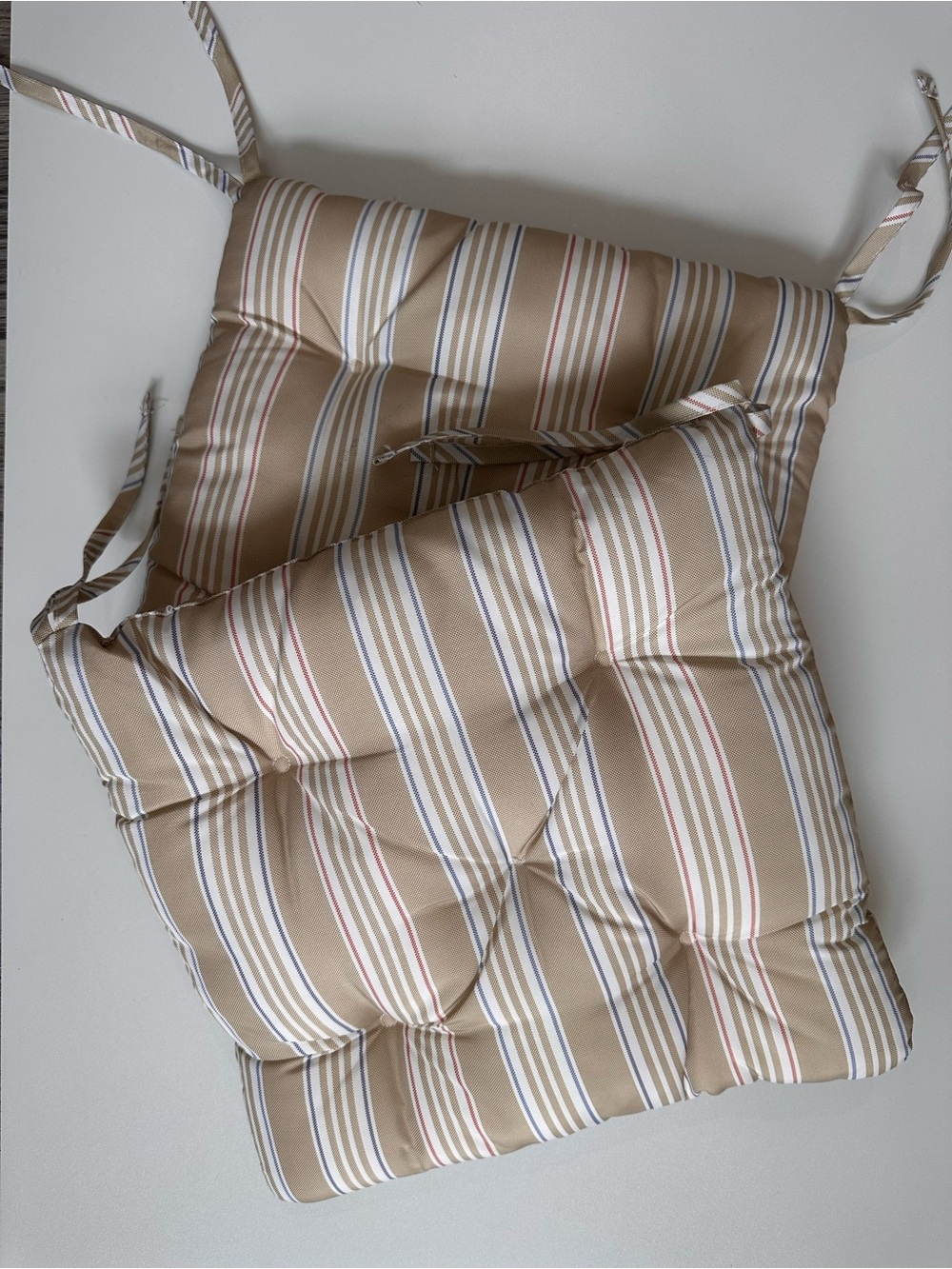Tufted Tie-On Chair Bistro Seat Cushions in Beige Stripe